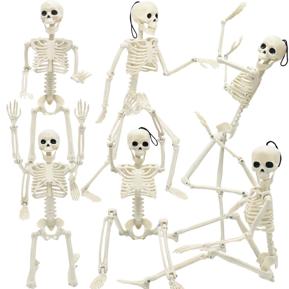 WODMAZ 5 Packs Halloween Skeletons, 16" Halloween Full Body Skeleton with Posable Joints for Haunted House Graveyard Props Decor